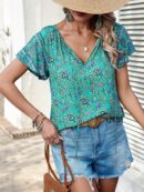 Blusa Floral de Manga Corta con Lazo en el Cuello