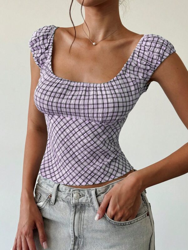 Blusa Casual a Cuadros con Volantes y Manga Corta - Image 21