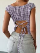Blusa Casual a Cuadros con Volantes y Manga Corta