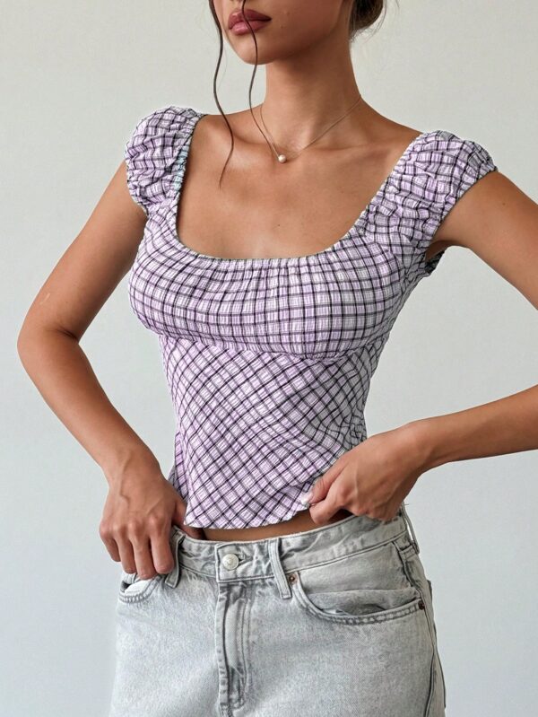 Blusa Casual a Cuadros con Volantes y Manga Corta - Image 19