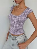Blusa Casual a Cuadros con Volantes y Manga Corta