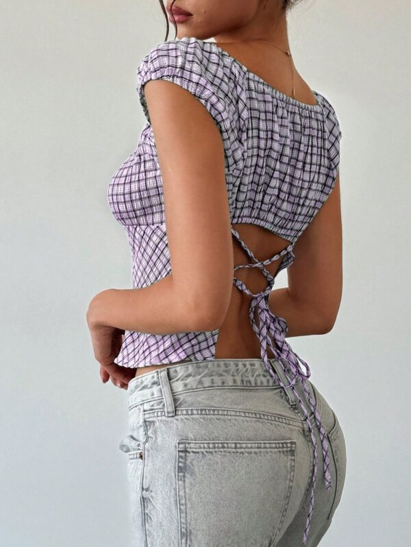 Blusa Casual a Cuadros con Volantes y Manga Corta - Image 17