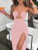 Vestido Largo Halter Sin Mangas con Espalda Descubierta y Abertura Lateral