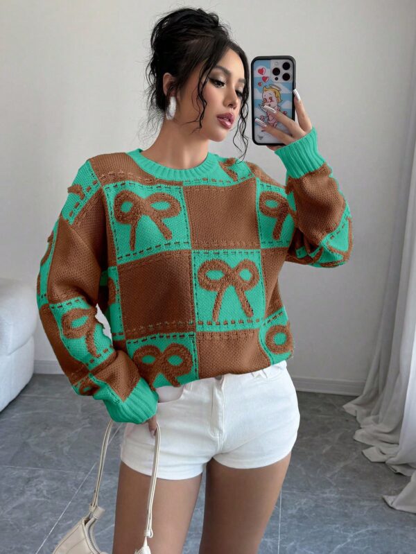 Sweater Tejido con Diseño a Cuadros y Detalle de Moño 3D - Image 19