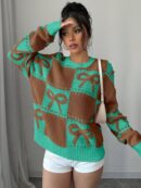 Sweater Tejido con Diseño a Cuadros y Detalle de Moño 3D