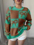Sweater Tejido con Diseño a Cuadros y Detalle de Moño 3D
