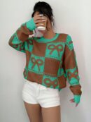 Sweater Tejido con Diseño a Cuadros y Detalle de Moño 3D