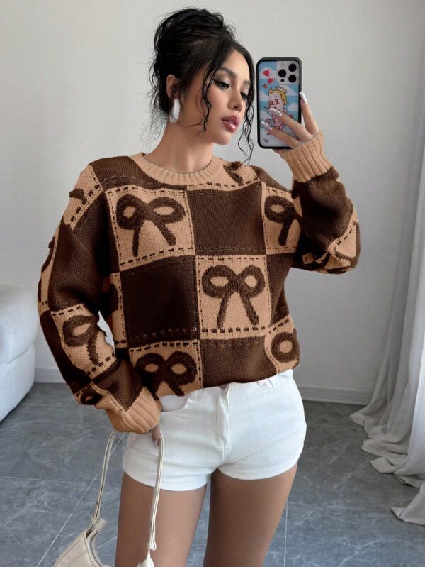 Sweater Tejido con Diseño a Cuadros y Detalle de Moño 3D - Image 54