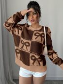 Sweater Tejido con Diseño a Cuadros y Detalle de Moño 3D