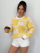 Sweater Tejido con Diseño a Cuadros y Detalle de Moño 3D
