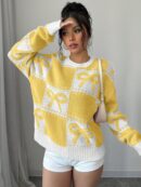 Sweater Tejido con Diseño a Cuadros y Detalle de Moño 3D