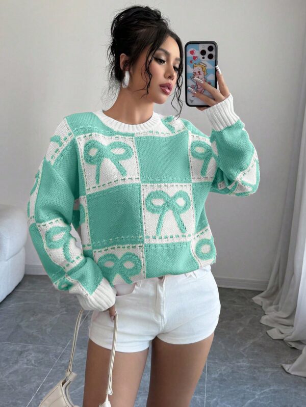 Sweater Tejido con Diseño a Cuadros y Detalle de Moño 3D - Image 48