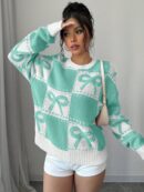 Sweater Tejido con Diseño a Cuadros y Detalle de Moño 3D