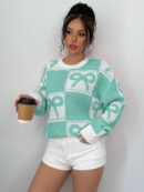 Sweater Tejido con Diseño a Cuadros y Detalle de Moño 3D