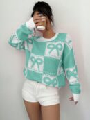 Sweater Tejido con Diseño a Cuadros y Detalle de Moño 3D