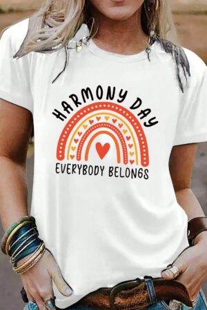 Camiseta Casual Suelta con Estampado de Corazón Arcoíris