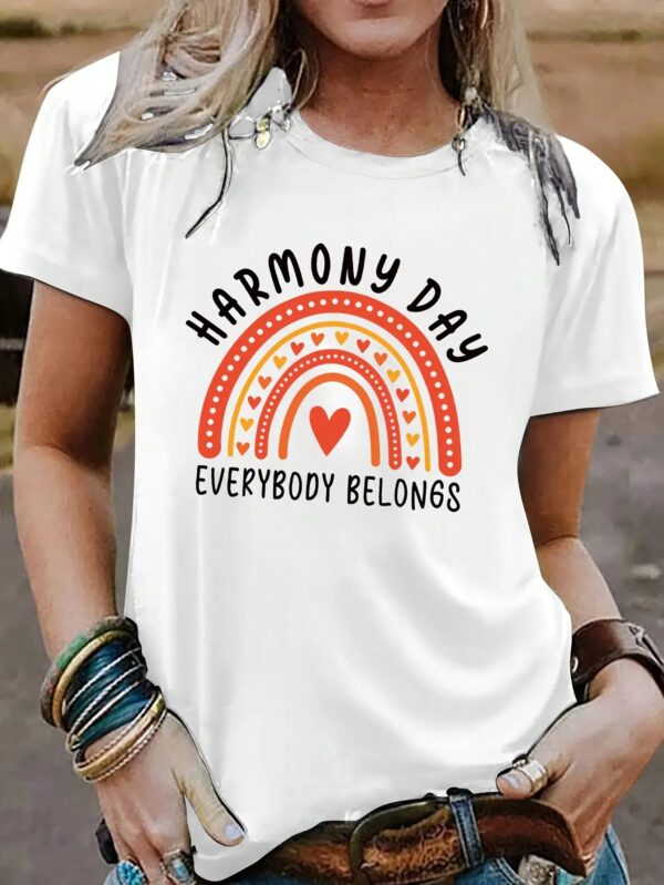 Camiseta Casual Suelta con Estampado de Corazón Arcoíris