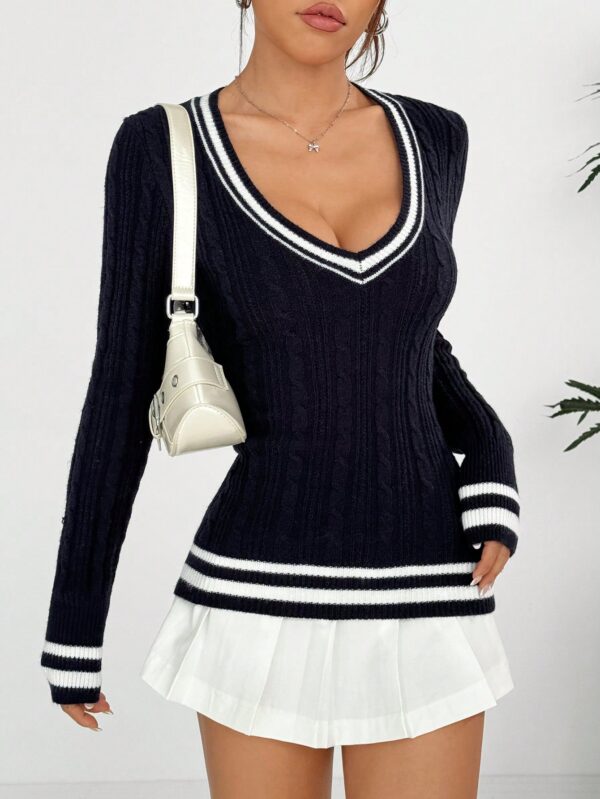Sweater de Punto con Detalles a Rayas y Cuello en V - Image 55