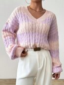 Sweater Oversize Bicolor con Cuello en V y Mangas Caídas