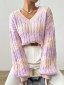 Sweater Oversize Bicolor con Cuello en V y Mangas Caídas