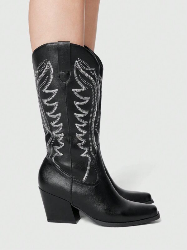 Botas Negras de Estilo Vaquero con Bordado y Tacón Robusto - Image 9
