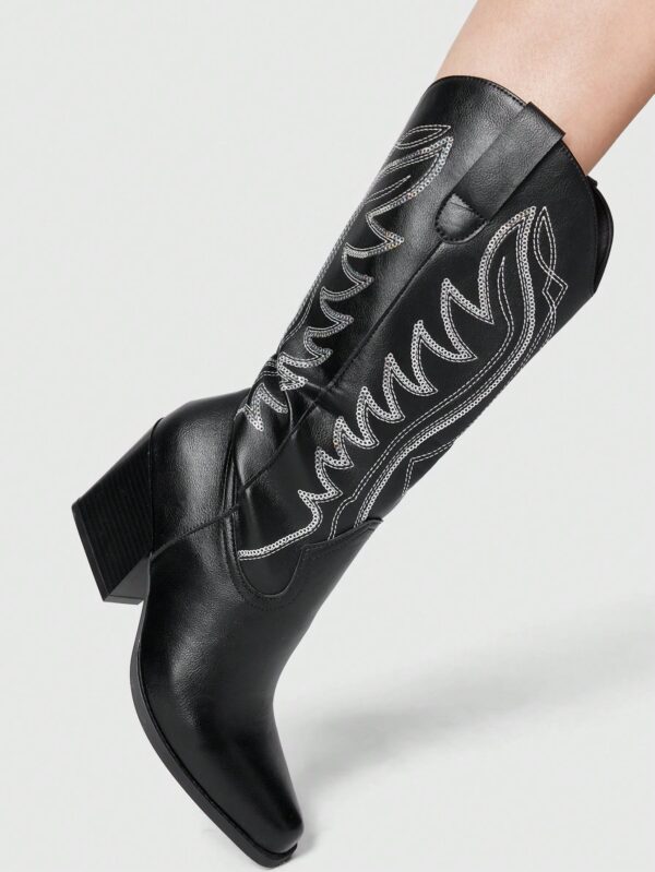 Botas Negras de Estilo Vaquero con Bordado y Tacón Robusto - Image 11