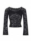 Blusa Y2K Ajustada con Hombros Descubiertos y Manga Larga de Encaje