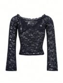 Blusa Y2K Ajustada con Hombros Descubiertos y Manga Larga de Encaje