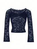 Blusa Y2K Ajustada con Hombros Descubiertos y Manga Larga de Encaje