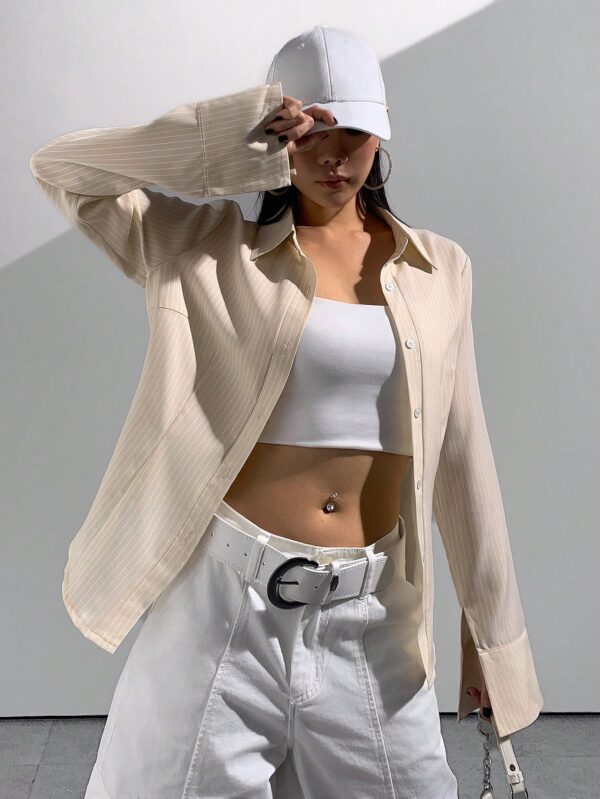 Blusa de Negocios Casual a Rayas con Botones y Manga Larga - Image 33