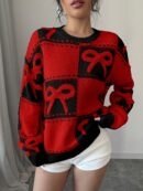 Sweater Tejido con Diseño a Cuadros y Detalle de Moño 3D
