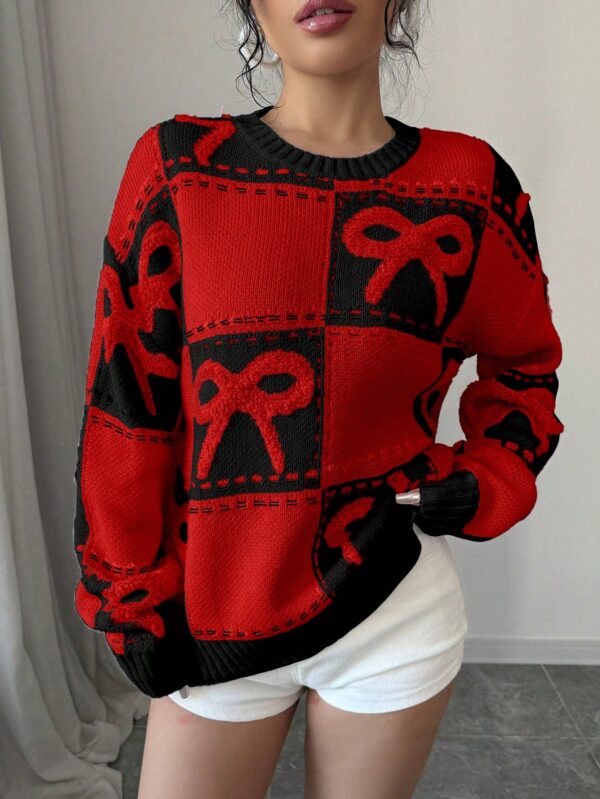 Sweater Tejido con Diseño a Cuadros y Detalle de Moño 3D - Image 29