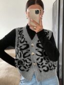 Chaleco de Punto con Estampado de Leopardo y Botones