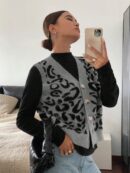 Chaleco de Punto con Estampado de Leopardo y Botones