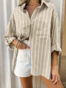Camisa Casual a Rayas con Mangas Enrollables para Mujer
