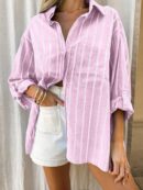 Camisa Casual a Rayas con Mangas Enrollables para Mujer