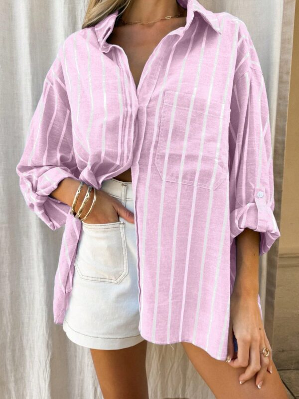 Camisa Casual a Rayas con Mangas Enrollables para Mujer - Image 15