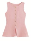Chaleco Elegante de Botones Metálicos con Cuello Redondo