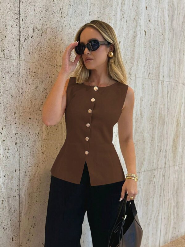 Chaleco Elegante de Botones Metálicos con Cuello Redondo - Image 68