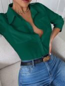 Blusa Casual Blanca de Manga Larga con Cuello y Bolsillo