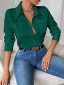 Blusa Casual Blanca de Manga Larga con Cuello y Bolsillo