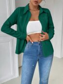 Blusa Casual Blanca de Manga Larga con Cuello y Bolsillo
