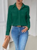 Blusa Casual Blanca de Manga Larga con Cuello y Bolsillo