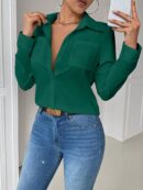 Blusa Casual Blanca de Manga Larga con Cuello y Bolsillo