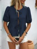 Blusa Casual de Cuello Redondo con Volantes y Manga Corta