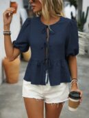 Blusa Casual de Cuello Redondo con Volantes y Manga Corta