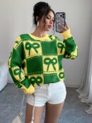 Sweater Tejido con Diseño a Cuadros y Detalle de Moño 3D