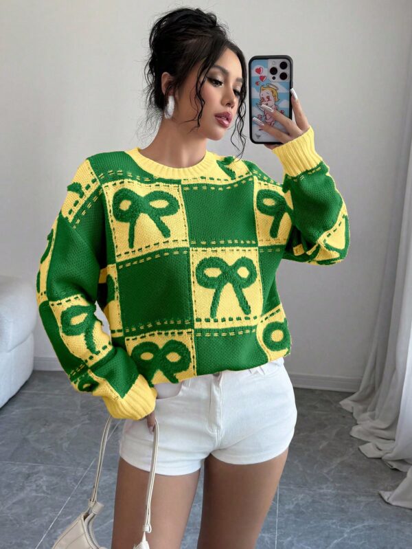 Sweater Tejido con Diseño a Cuadros y Detalle de Moño 3D - Image 31