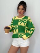 Sweater Tejido con Diseño a Cuadros y Detalle de Moño 3D