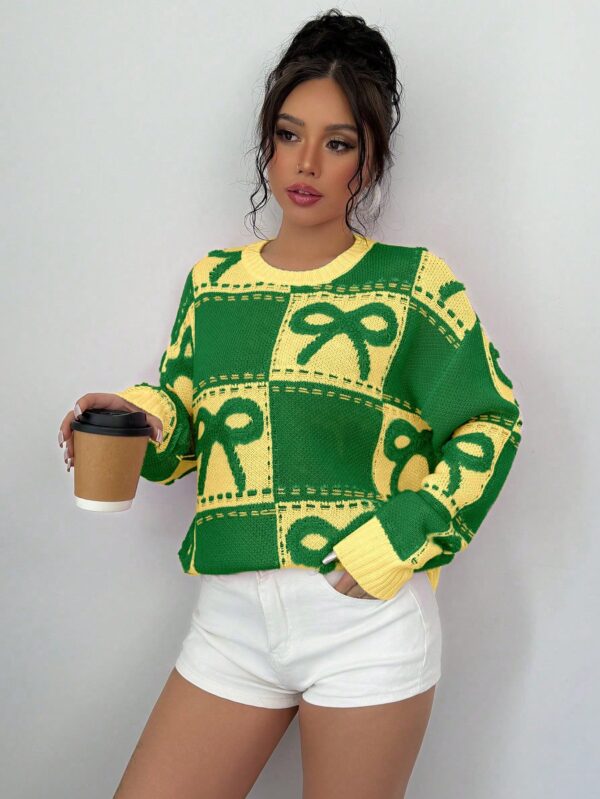 Sweater Tejido con Diseño a Cuadros y Detalle de Moño 3D - Image 34